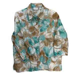 Alfred Dunner Blouse Women 12 Teal Floral Burnout 3/4 Sleeve Button Up Shirt